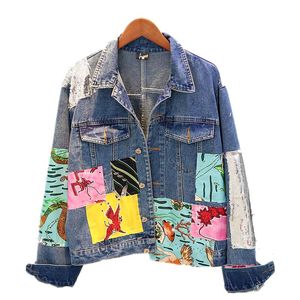 Women's Jackets 2022 Spring Autumn Denim Jacket Sequins Overcoat Patchwork Cartoon Jeans Casual Female Loose Coat Outwear P638