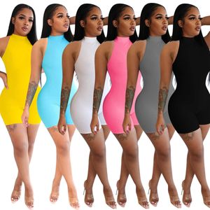 Women Sexy Jumpsuits Shorts Rompers Sleeveless Off Shoulder Onesies Zipper Half-high Collar Fitness Pants Nightclub Clothing
