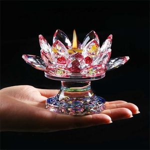 110 mm K9 Kryształ Lotus Figurka Figurka Miniaturowa Fengshui Ozdoby Buddyjski Uchwyt Świecznik Home Decor Akcesoria Nowoczesne 211108