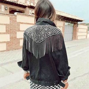 Boho Inspirowany Studded Fringe Trim Denim Kurtka dla kobiet Vintage Black Denim Kurtka Kobiety Z Długim Rękawem Kurtka Odzieżowa Kobiety 211014