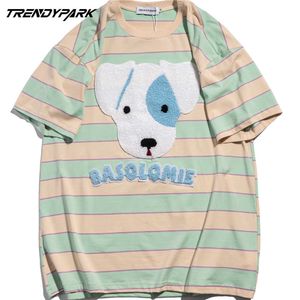 Męskie Hip Hop Striped T Shirt Men Towel Haft Dog T-Shirt Harajuku Cotton Casual Lato Krótki Rękaw Tshirt Loose Tee 210601
