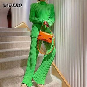 Stickad kostym Kvinnor Höst Vinter Långärmad Turtleneck Sweater Pant Two Piece Set Casual Fashion Brouser Passar Green Khaki 211105