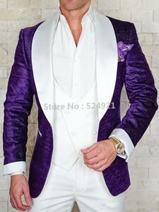 Custom Made Men Suits Shiny Purple And White Groom Tuxedos Shawl Lapel Groomsmen Wedding Man ( Jacket+Pants+Vest+Tie ) C9601