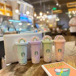 Fashion Sublimation Blanks PC Water Bottle Mugs Kettle Cup With Coffee Cups Men And Women Favorite Starbucks Rainbow Transparent Tumbler H1102