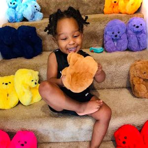Neue Farbe Teddybär-Kinderpantoffel, geeignet für 5-10-Jährige, Kinderhausschlafzimmer-Pelzpantoffel für Jungen und Mädchen Y0902