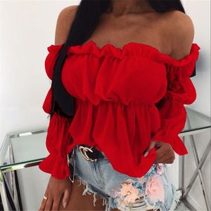 Elegant Women Off Shoulder Chiffon Blouse Fashion Solid Color Pleated Sexy Shirt Womens Office Street Tops and Blouses