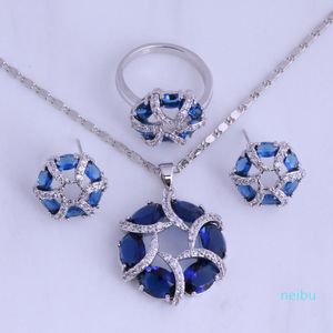 Серьги Ожерелье благородный синий хрусталь кубический цирконий круглые ювелирные наборы для женщин кольцо размером 6/7 8 9 бесплатная сумка H0290