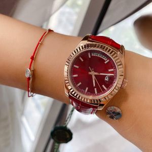 Donne rosse 33mm orologio Data da giorno batteria al quarzo Cal.2350 con cinturino in pelle Fashion Wine Dial RX090104