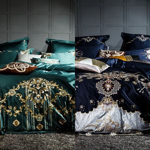 1000TC Egiptian Bawełna Niebieski Purpurowy Zestaw Pościel Luksusowa Królowa King Size Bed Set Set Haft Duvet Cover Pareru DE Littere C0223