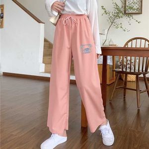 Pantaloni da donna Little Bear rosa Pantaloni estivi coreani dritti all-match sottili capris a vita alta pantaloni larghi con stampa di cartoni animati Q0801