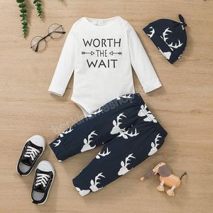 Baby Boys Kläder Set Romper Antler Byxor Outfits Fall 2021 Barn Boutique Kläder 0-18m Spädbarn Toddler Bomull Långärmad 3 PC Suit