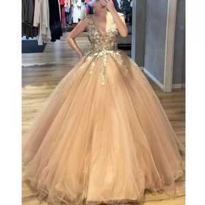 Vestidos Champange Quinceanera D Floral Applique Frisado Scoop Sheer Neck Tulle Custom Made Prom Princesa Doce Aniversário Pageant Party Ball Vestido Vestidos