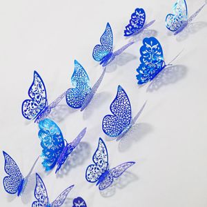Adesivi murali 12 pezzi 4D Royal Blue Hollow Butterfly Sticker Decorazione domestica fai da te Decorazioni di nozze Camera dei bambini