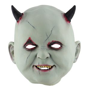 Halloween Creepy Scary Full Face Mask Horror Little Devil Demon Ox Horn Cosplay Costume Carnival Hounted House Drop