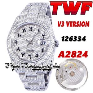 2022 TWF V3 126334 126234 A2824 Автоматические мужские часы Mens 116244 арабские арабский циферблат арабский народ 904L из нержавеющей связи 904L полностью вытянутый алмазный браслет Eternity ювелирные часы