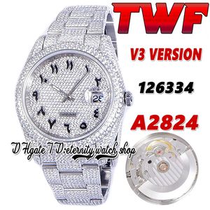 2022 TWF V3 126334 126234 A2824 Orologio automatico da uomo 116244 Diamanti pavimentati Quadrante arabo Cassa in acciaio 904L Bracciale con diamanti completamente ghiacciato Orologi gioielli eternità