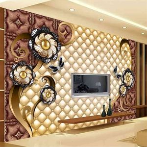 Benutzerdefinierte PO Wandbild Luxus Schwarz Schmuck Blumen Weiche Tasche TV Hintergrund Wand Malerei Wohnzimmer Schlafzimmer 3D Geprägte Tapete 210722