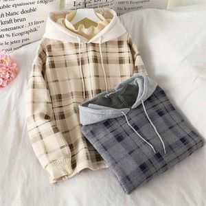 Women Fleece Hoodies Sweatshirt Winter Plaid Pirnted Cotton Hooded Sweatshirt Casual Loose Hooded Pullover Oversize Jacket 210928