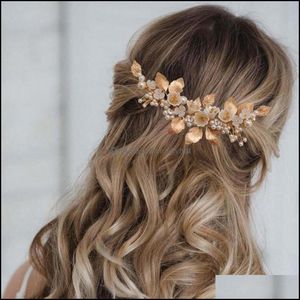 Clip Barrettes Gioielli Gioielli Lega d'oro Foglia Sposa Copricapo con pettine Matrimonio Aessories Ragazza Tiara Ornamenti per capelli damigella d'onore Commercio all'ingrosso