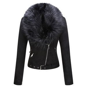Geschallino Vinter Kvinnors Jacka Tjock varm Faux Suede Short Coat Avtagbar Faux Fur Collar Leather Jackor Outwear 211130