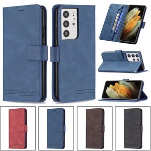 Pl￥nbokstelefonfodral f￶r Samsung Galaxy S22 S21 S20 Ultra Plus Pure Color Skin-Feeling PU Leather Flip Kickstand Cover Case med kortplatser