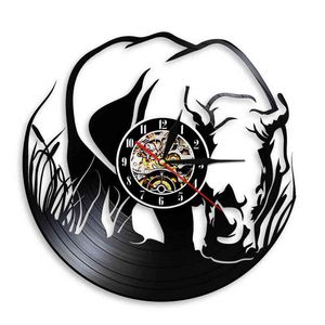 Safari Rhinoceros Vinyl Record Orologio da parete African Wildlife Jungle Animal Rhino Laser Cut Longplay Orologio da parete per camera dei bambini H1230