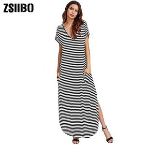 Zsiibo venda por atacado-T shirt das mulheres zsiibo verão vestido listrado vc vestido split hem praia longo mais tamanho casual fêmea