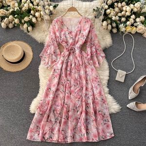 Casual Dresses SINGREINY Women Bohemian Floral Dress Design Irregular Long Sleeve V Neck A-line Summer Korean Chiffon Print Beach