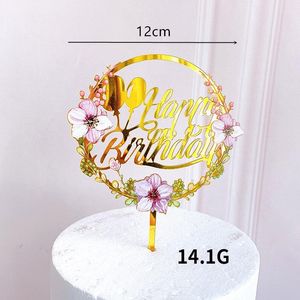 newNew Home Farbige Blumen „Happy Birthday“-Kuchenaufsatz aus goldenem Acryl, Geburtstagsparty, Dessert-Dekoration für Babyparty, Backzubehör EWD6
