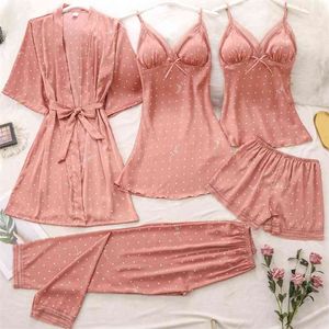 Frühling 5PCS Pyjamas Sets Sexy Damen Strap TopPants Nachtwäsche Schlaf Anzug Casual Satin Spitze Druck Pijamas Intime Dessous 210831