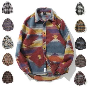 Vinter Hip Hop Vintage Snap Button Långärmad T-shirts Men Mode Casual Streetwear Oversized Coat Male Shirt Toppar Svart Plaid 210628