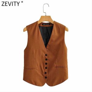 Zevity Women V Neck Solid Color Slim Linen Vest Jacket Ladies Retro Sleeveless Single Breasted Casual WaistCoat Chic Tops CT706 210603