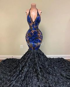 新しい到着スパンコールブラックガールマーメイドウエディングドレス2022プラスサイズの深いVネックスパンコールProm Dress 3Dバラの花のプロレスee