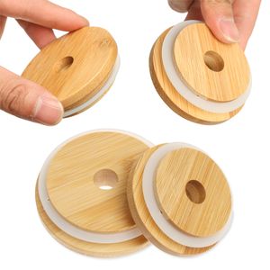 70mm / 86mm Set Kullanımlık Bambu Ahşap Kapakları Setleri Mason Kavanoz Kapağı Ile Saman Delik Silikon Seal Yüzük Geniş Ağız Kupası Kapaklar Dekor El Sanatları Kapakları