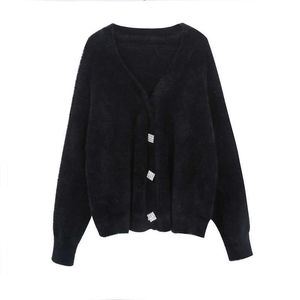 PERHAPS U Women Black White Solid V Neck Diamond Button Knitted Loose Sweater Cardigans Mohair M0044 210529