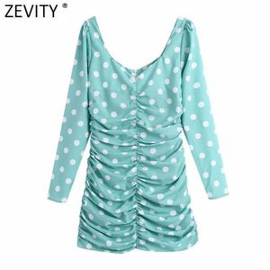 Zevity Women Sexy V Neck Polka Dots Print Pleated Green Mini Dress Kvinna Chic Back Zipper Slim Party Vestido DS5049 210603