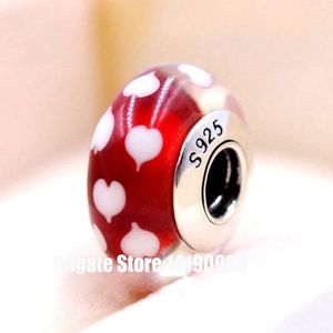 2 pezzi di argento sterling 925 in vetro di Murano rosso con piccoli cuori bianchi perline adatti a bracciali con ciondoli per gioielli in stile Pandora