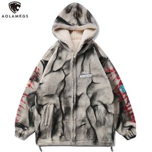 Aolamegs Gothic Punk Graffiti Thicken Zipper Coat Winter Jacket Men Loose Cozy High Street Style Fleece Hoodie Streetwear 211126