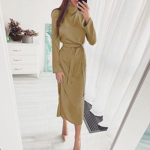 Casual Dresses Autumn Winter Office Lady Elegant Lace-Up Waist Long Sleeve Party Dress Fashion Turtleneck Solid Women All-match Mujer