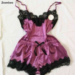 Women's Sleepwear Sexy Satin Pajama Set Black Lace V-Neck Pyjamas Sleeveless Cute Cami Top and Shorts 210809