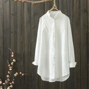 Queda de algodão bordado branco camisas de comprimento médio solto completo plus tamanho slim mulheres tops 210615