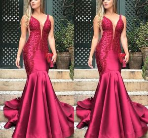 Burgundy Satin Mermaid Evening Dresses Applique Lace Sexy Spaghetti Prom Dress Formal Party Second Reception Gowns Custom Made