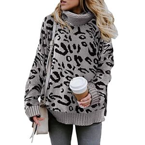 Kadın Sweaters Leopard Sonbahar Kış bayanlar Örme Süveter Kadınlar Down-Down yaka Ayrık Uzun Kollu Jumper BUTLENECK KÜÇÜK KHAKI GRAY