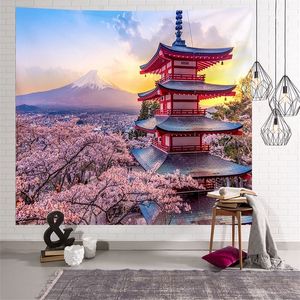 3D天然ジャパン桜山富士タペストリー神奈川春寝台パッド芸術的な花のビーチ敷物の背景ホームアートの壁の装飾210310