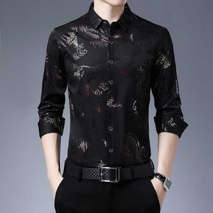 Dress Shirts Men Slim Fit Chinese Dragon Print Silk Shirt Spring Long Sleeve Casual Camisa Masculina C725 210721