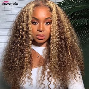 Ishow 28 32inch Transparent Human Hair Wigs Highlight 13x4 13x6 5x5 4x4 Lace Front Wig Straight Curly Water Loose Deep Body Wave Headband Wig Bangs for Women Brown