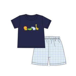 Sommarkläder Navy Blue Short Sleeve Top och Blue Plaid Shorts Lion Elephant och Giraffe Broderi Pattern Boys Clothes x0802