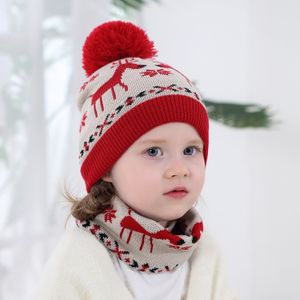 2pcs/Lot Christmas Knitted Hats and Scarfs Warm Knitting Wool Babies Beanie Hat Elk Xmas Bonnet for Kids Scarves New Years Winter Sets