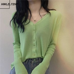 Hwlzltzht夏の薄いカーディガン長袖のセーターコート女性シングルブレストシャツ210531
