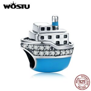 WOSTU 925 Sterling Silver Travel Cruise Navio Azul Beads Zircônia Encantos Fit Bracelete Original Colar de Luxo Jóias CQC1379 Q0531